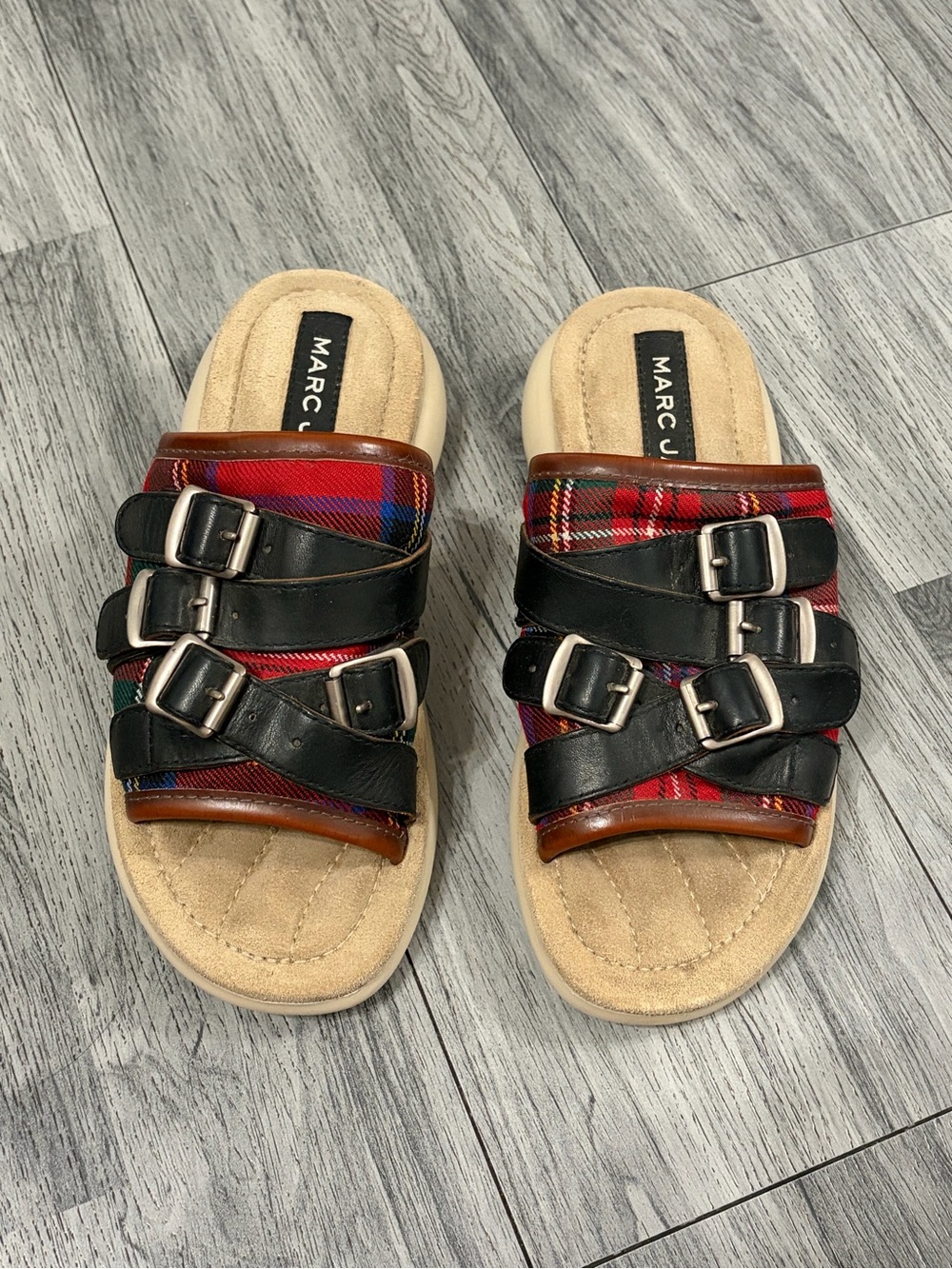 Marc Jacobs Emerson Red Plaid Slide Sandals with Black Buckle Straps